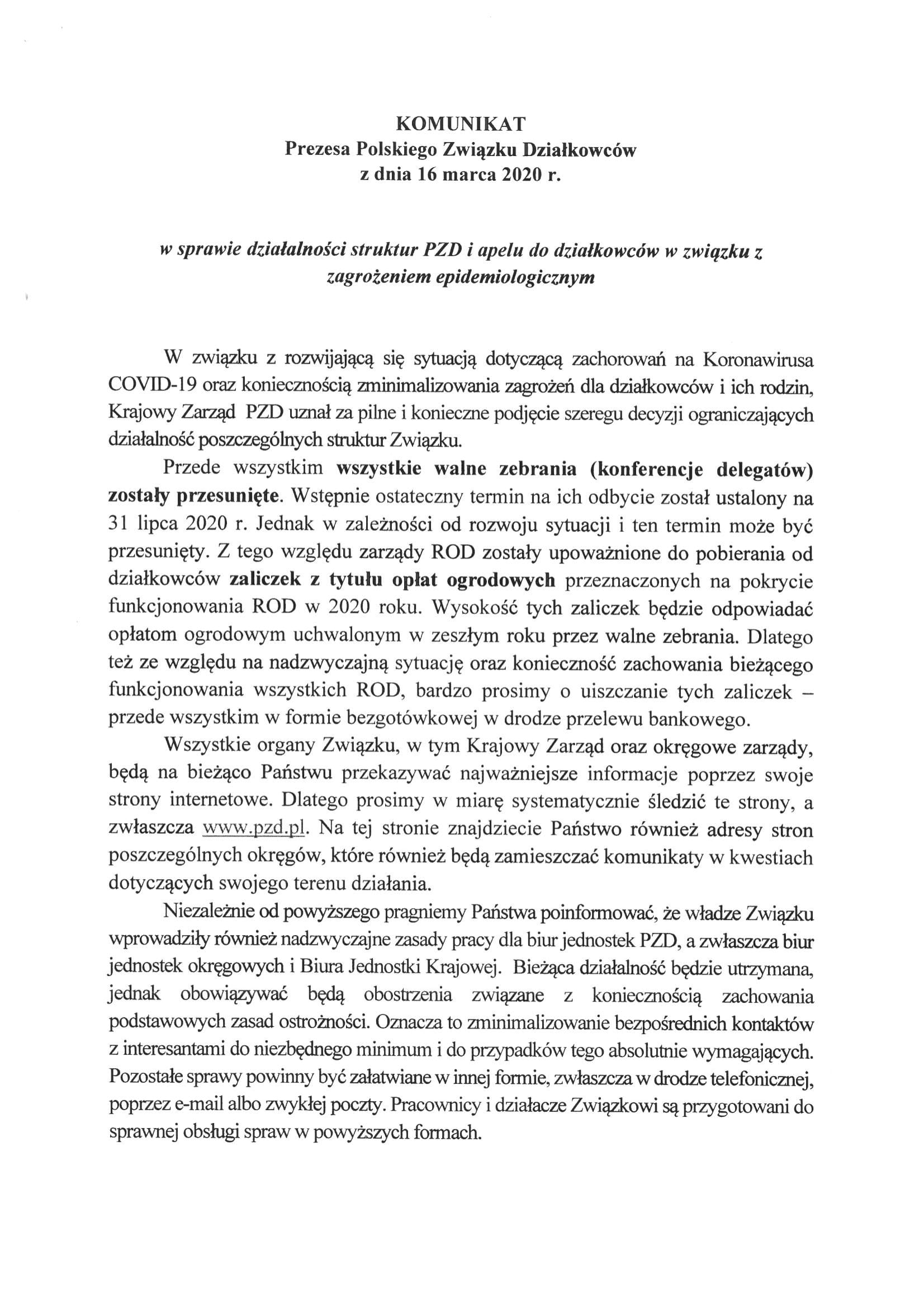 Komunikat Prezesa PZD 1