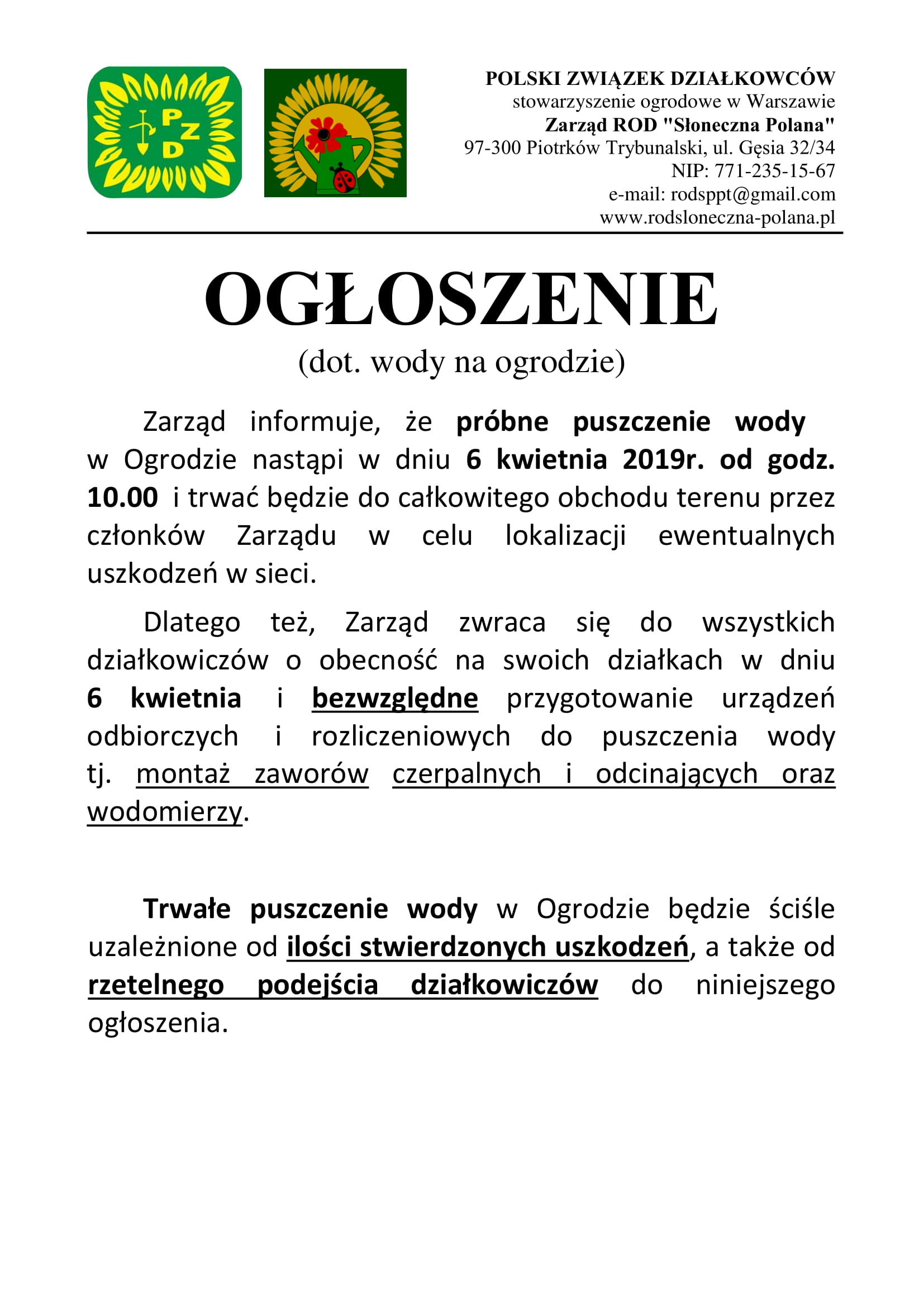 ogłoszenie próbne puszczenie wody 2019 1