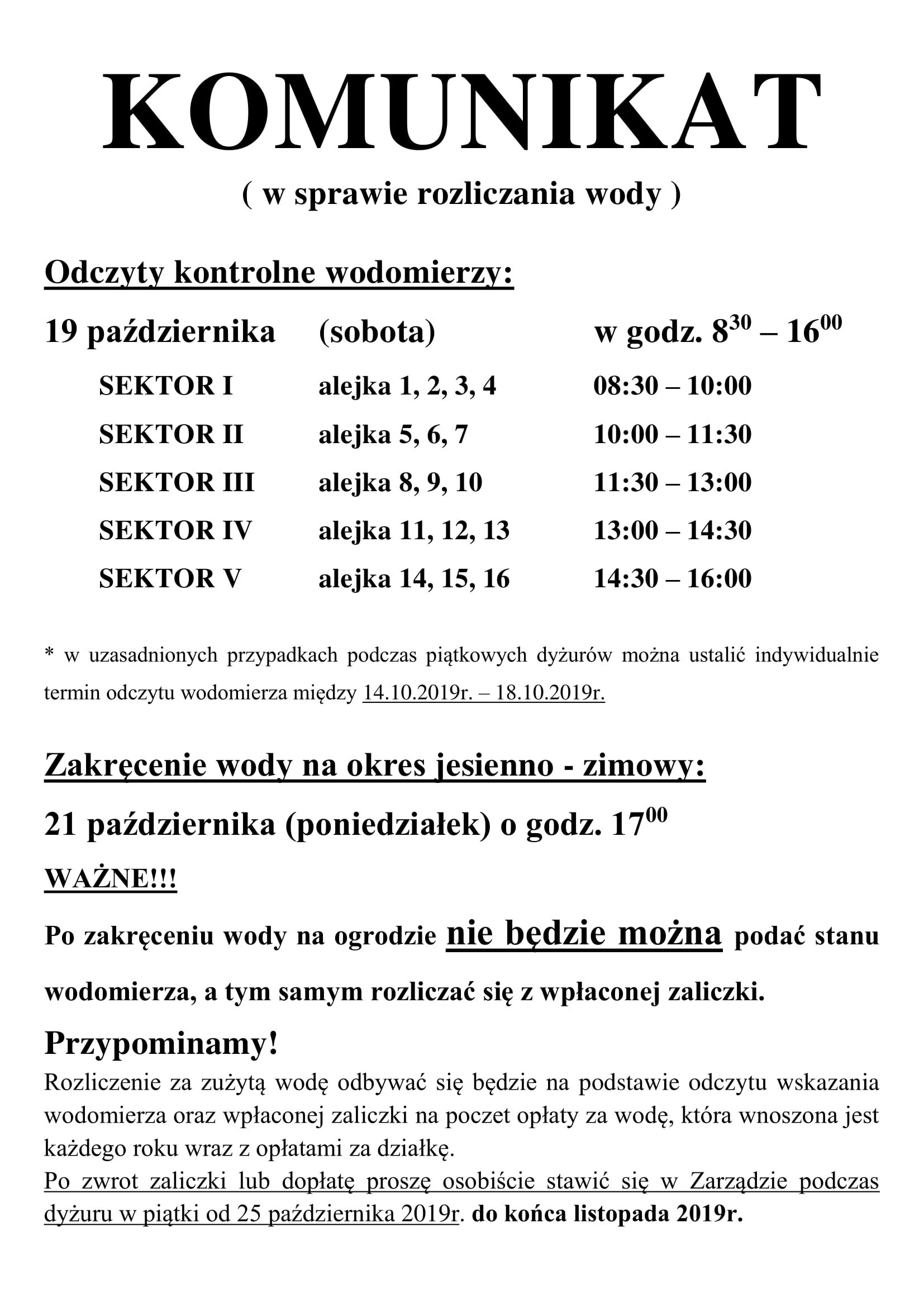 Komunikat w sprawie odczytu wodomierzy 2019