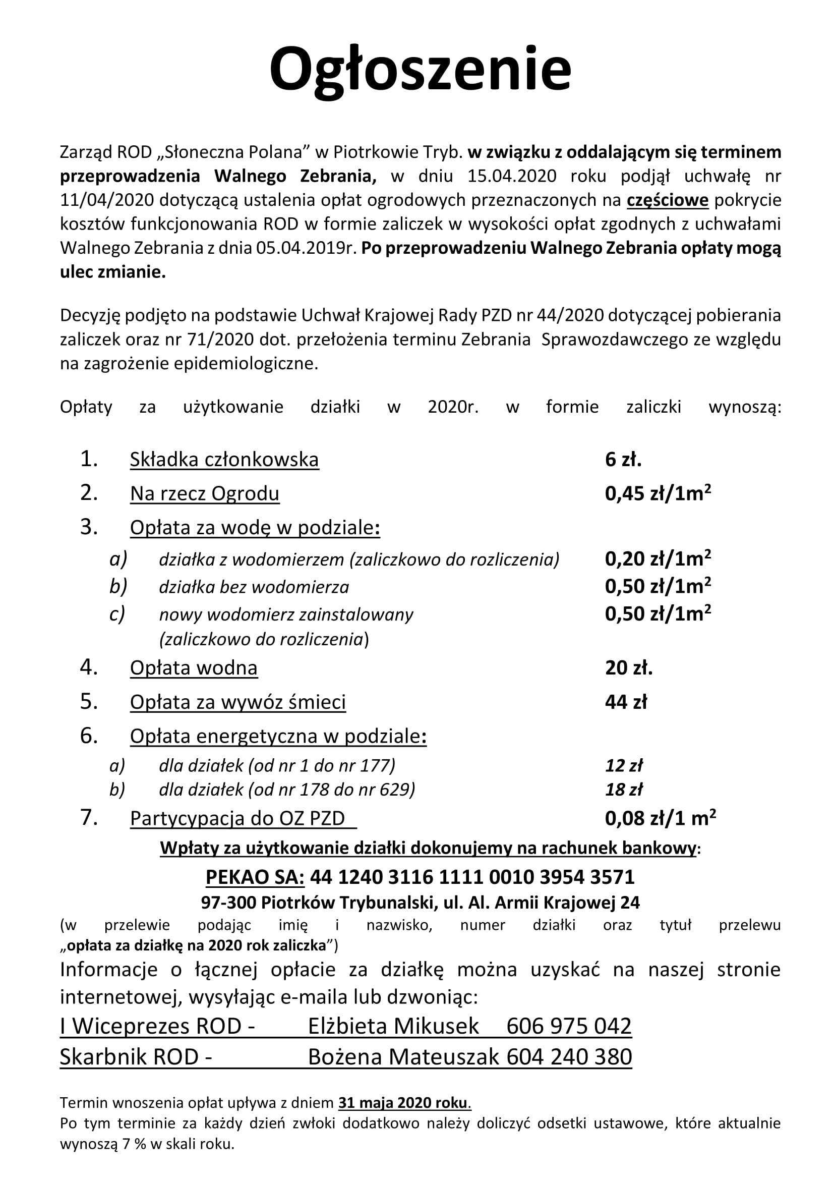Opłaty za działkę na rok 2020 zaliczki 1