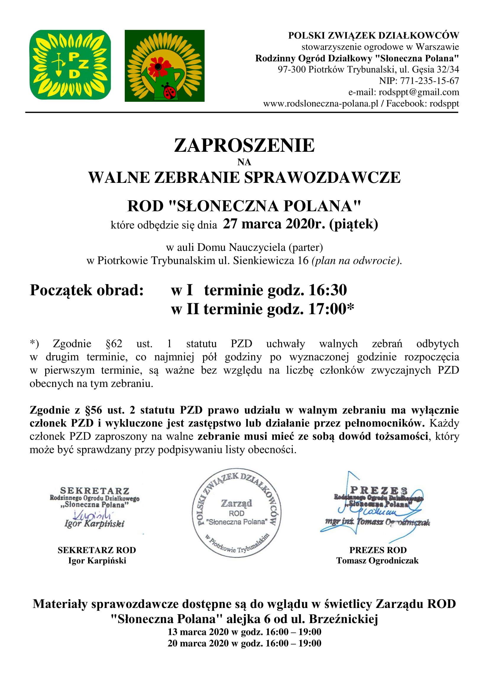 Zaproszenie na Walne Zebranie 2020s1